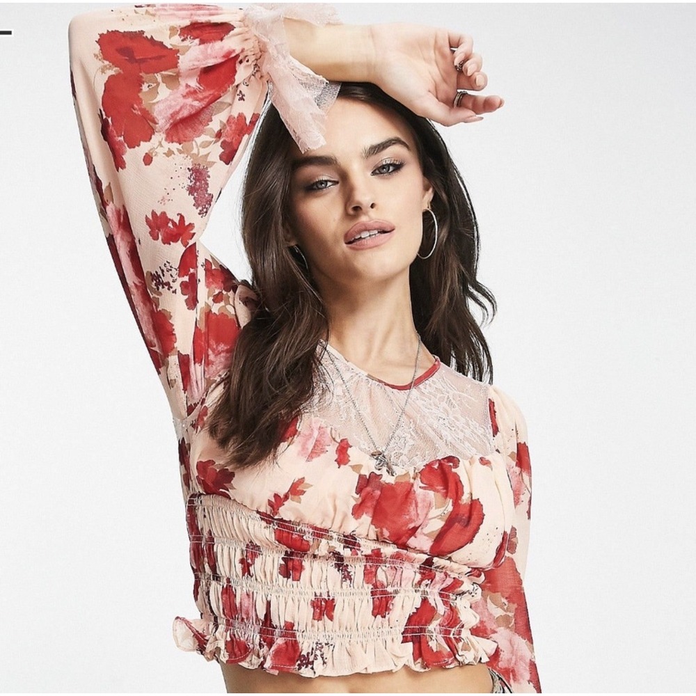 Free People Daphne blouse romantic floral cropped lace pink top - Size L $128